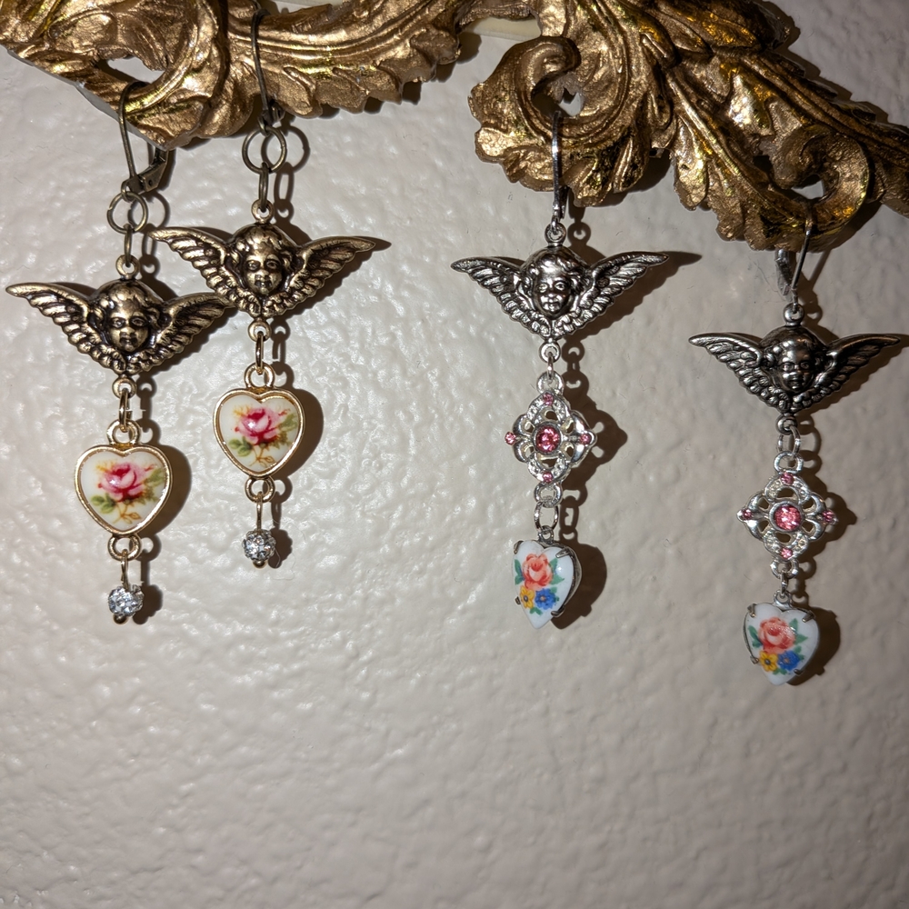Angel Wing Heart Earrings - Silver and Gold